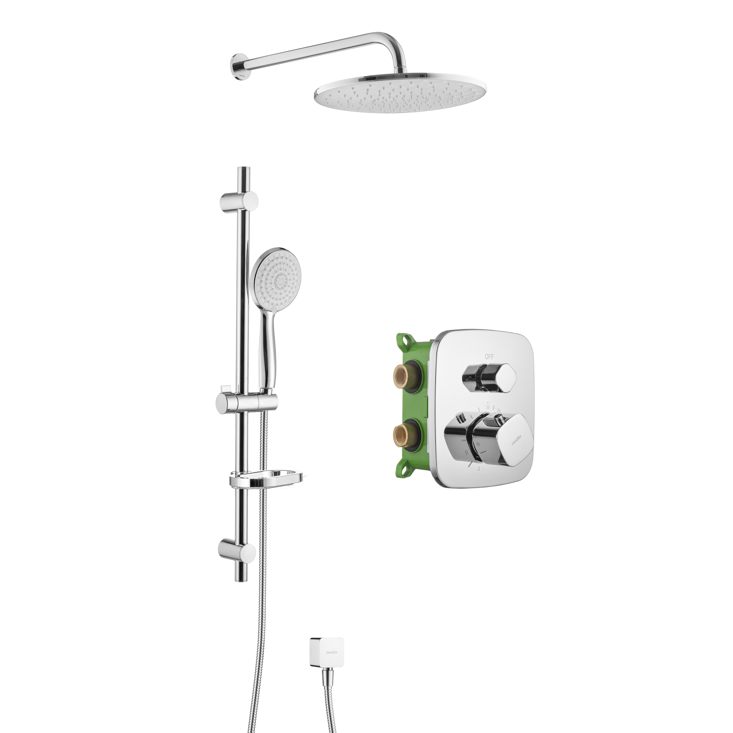 Душевой комплект со встраиваемым термостатическим смесителем (с монтажным боксом) и верхним душем Сведби Платта/Swedbe Platta 5566